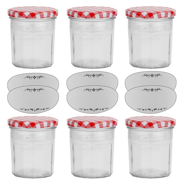 Home Kitchen Checkered Jam Storage Jar with Labeling Stickers Set of 12