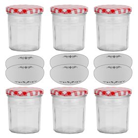 Home Kitchen Checkered Jam Storage Jar with Labeling Stickers Set of 12