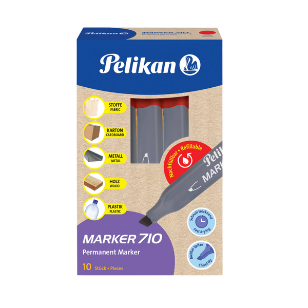Pelikan 710 Permanent Markers - Red Ink, Waterproof, Refillable, 10-Pack