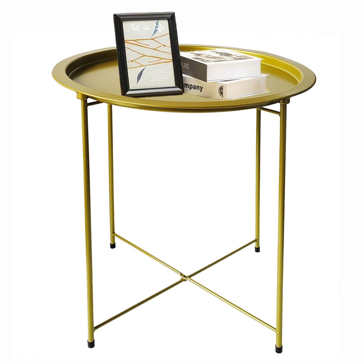 Round Metal Side Table Coffee Table Folding End Table with Removable Tray