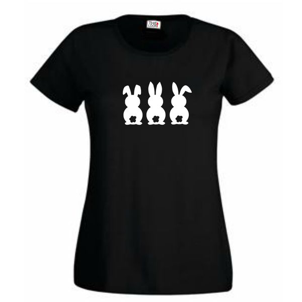 Think Out Loud Ladies "Easter Bunnies" Short Sleeve Tshirt Black