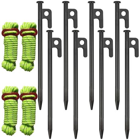 8 Pack Tent Stakes Heavy Duty 20cm Steel Pegs With 4 Ropes For Camping Image