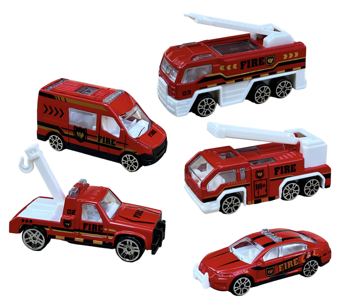 Assemble the Mini Fire Crew! 5-Piece Die-Cast Fire Department Vehicle Set!