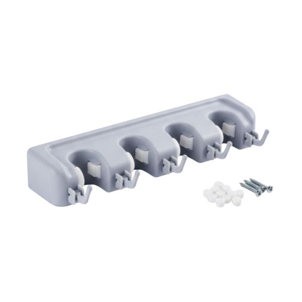 Wall-Mounted Broom and Mop Holder with Multi-Position Hooks and Grips