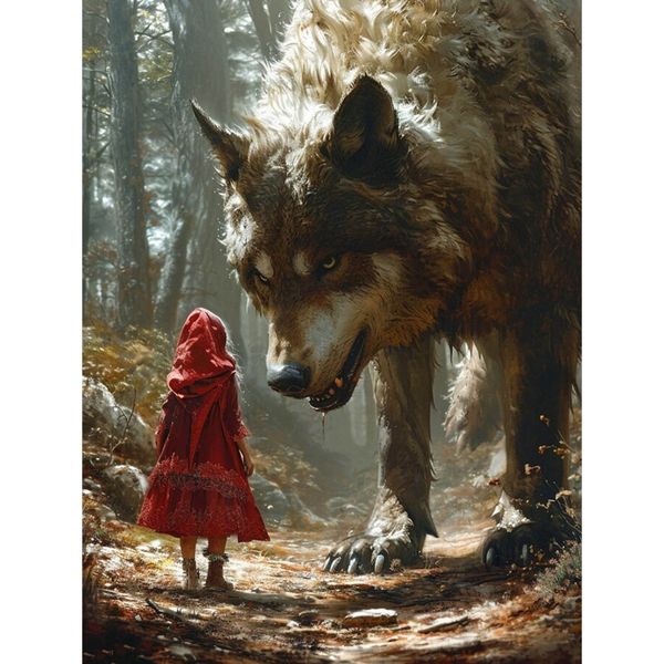 Wolf &amp; Red Riding Hood Diamond Painting Kit: 5D Full Drill, Fantasy
