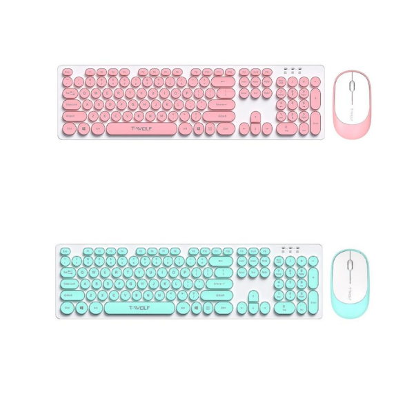T-Wolf TF770 Retro Punk Wireless Keyboard and Mouse Bundle Pink and Blue