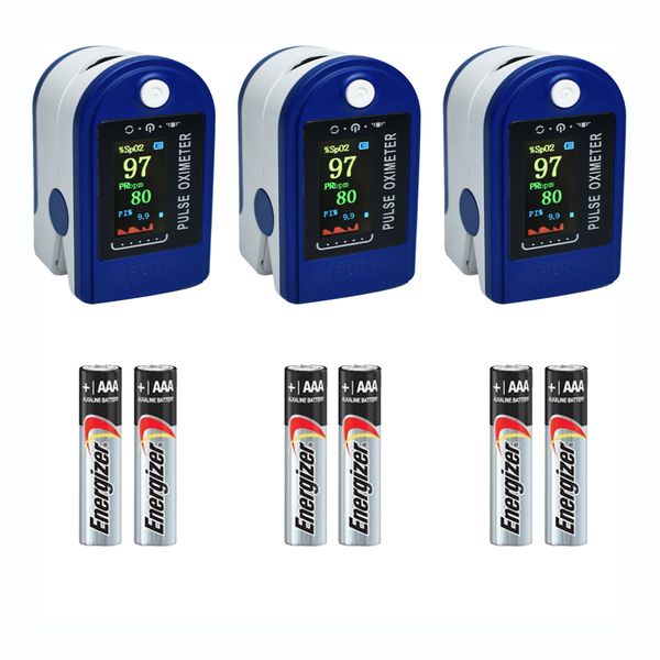 Oximeter Fingertip Oxygen Multi Colour Screen Oxymeter &amp; Batteries - 3 Pack