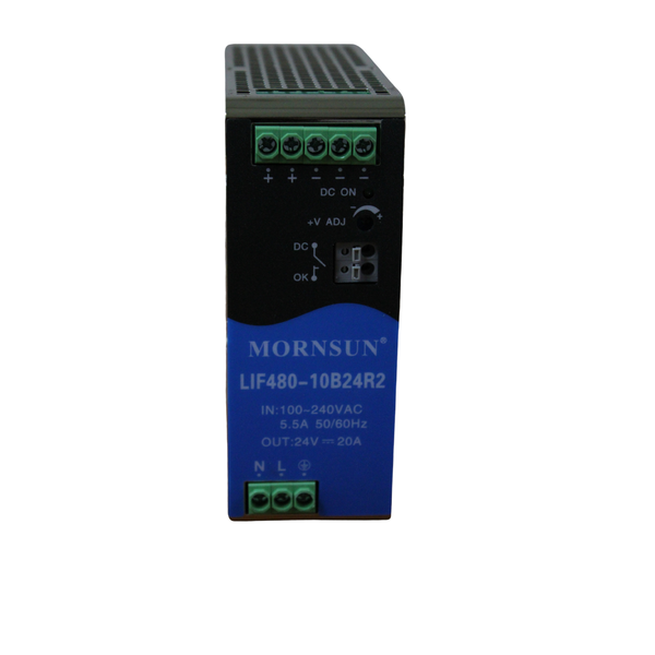 LIF480-10B24R2: 480W 24V/20A Slim DIN Rail AC/DC Supply, 94.5% Eff