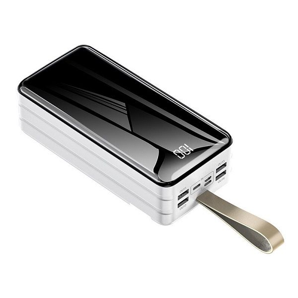 White High-Capacity Power Bank with Built-in Cables &amp; LED Flashlight