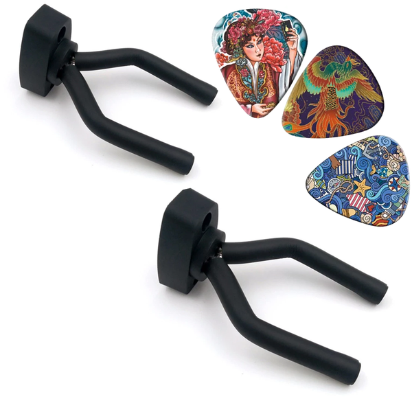 2 Guitar Wall Hangers + 3 Picks - Secure Storage + Bonus Picks