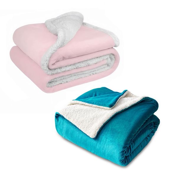 Soft Sherpa Fleece Blanket Throw (127x152cm) Set of 2 - Pink &amp; Blue