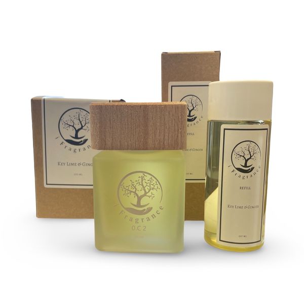 Refill Key Lime &amp; Ginger 150ml and wooden Top Diffuser 200ml - Set of 2