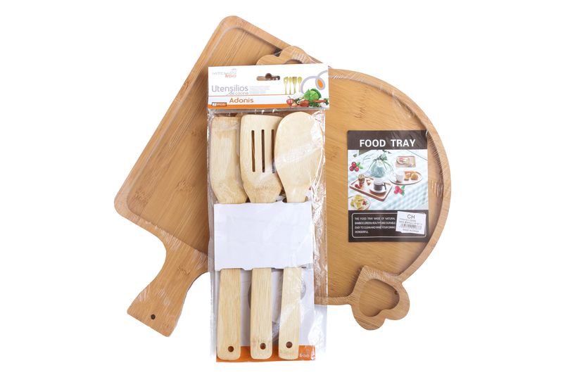 Natural Bamboo Wooden Food Tray Set x 2, Wooden Kitchen Utensil Set of 3