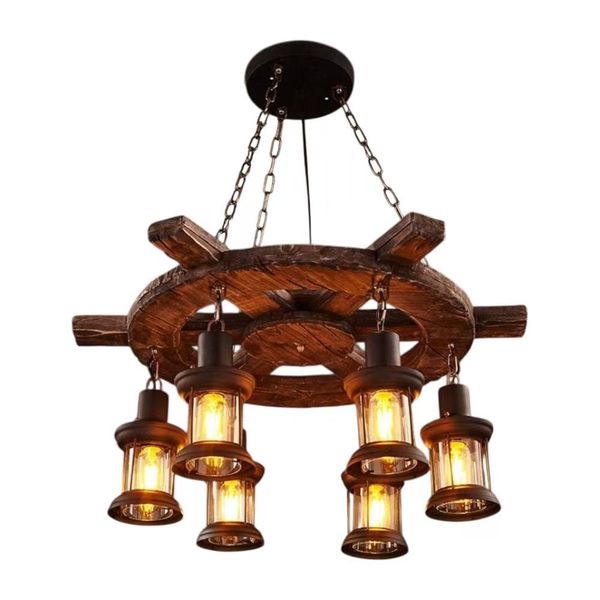 Rustic Wagon Wheel Chandelier with Lantern-Style Lights