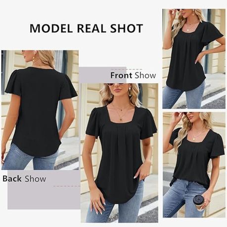 Women's Short Sleeve Tunic Tops Summer Square Neck Ruffle Sleeve T
