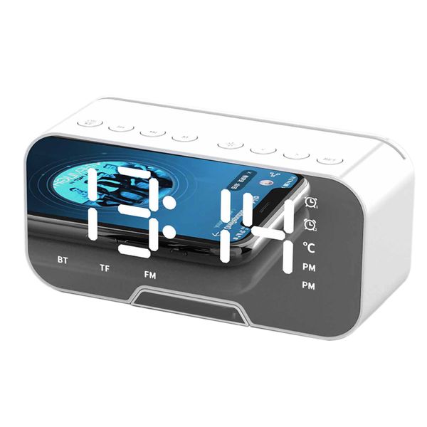 Mirror Wireless Bluetooth Speaker FM Radio Plug In Card Alarm Clock White
