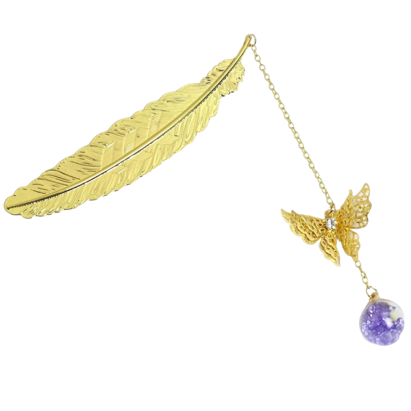Feather Bookmark With Butterfly Charm And Glass Flower Orb - Gold &amp; Purple