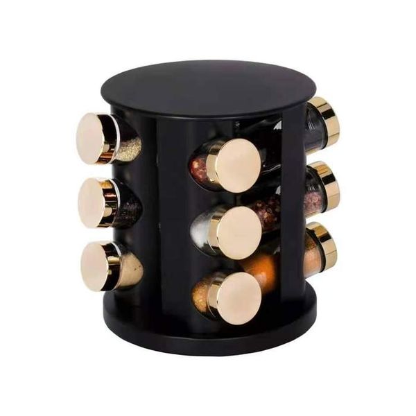 Optic Stainless Steel Rotating Spice Rack 12 Piece - Black &amp; Gold