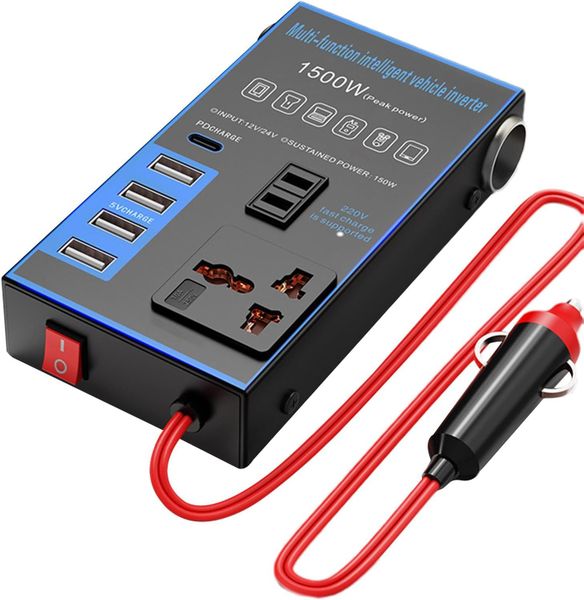 Smart Vehicle Power Inverter -1500W Pure Sine Wave, Digital LCD, Overload