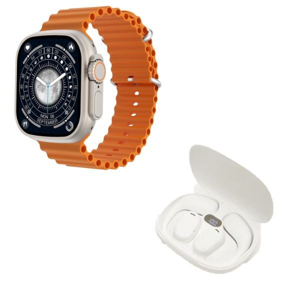 Smart Watch T900 Ultra S - Orange and SGS G11 Bluetooth Earbuds - White