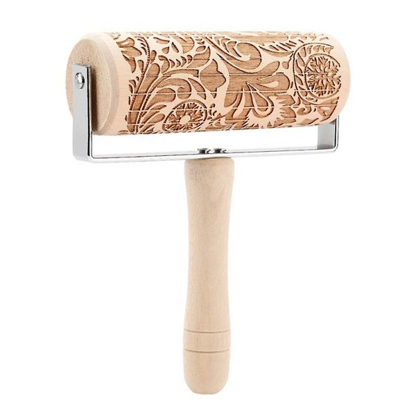 FI- Modern Floral Engraved Wooden Rolling Pin