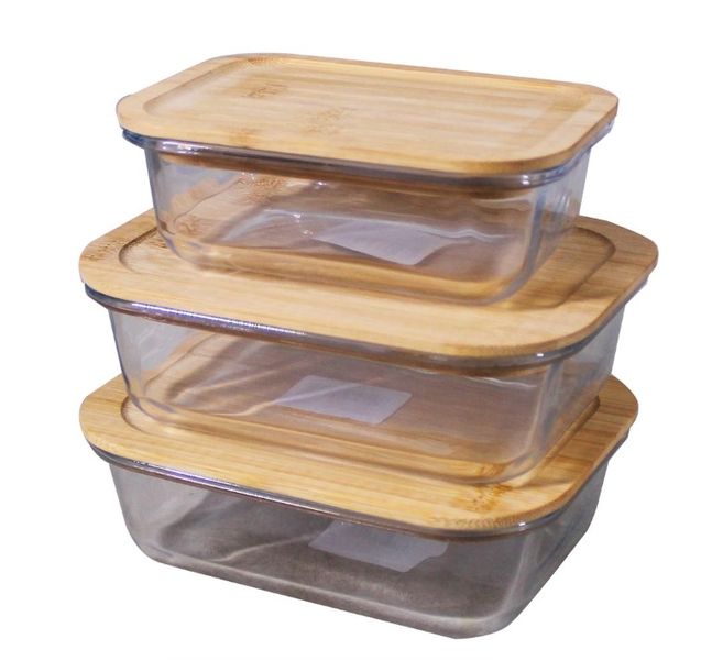 YUE 3-Piece Glass Food Storage Container Set with Bamboo Lids