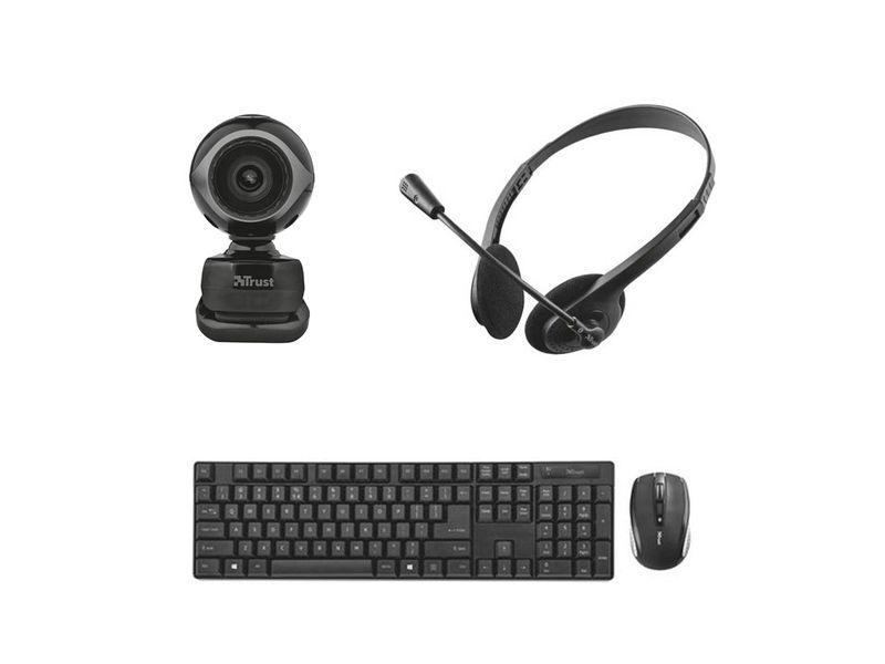 Trust Exis Webcam, Ziva Headset, Wireless Keyboard and Wireless Mouse Combo