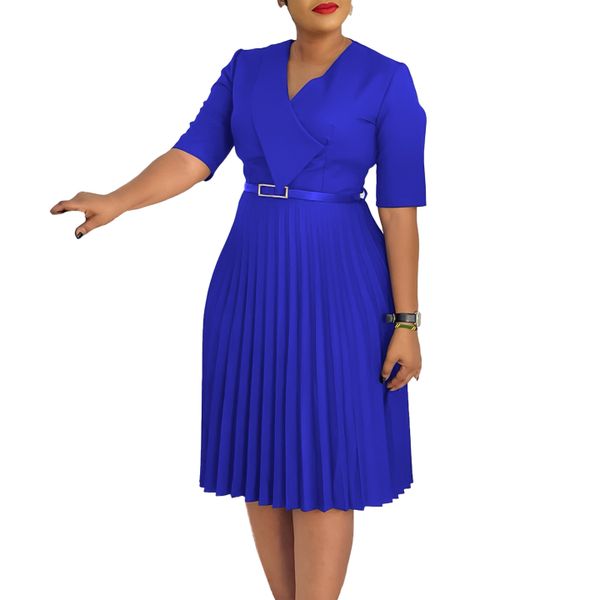 New Fashion V-Neck Solid Pleated Dress