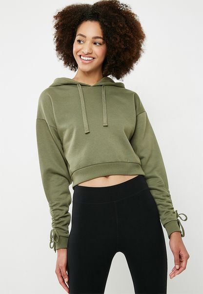Women's Dailyfriday Cropped Ruched Sleeve Hoodie - Khaki