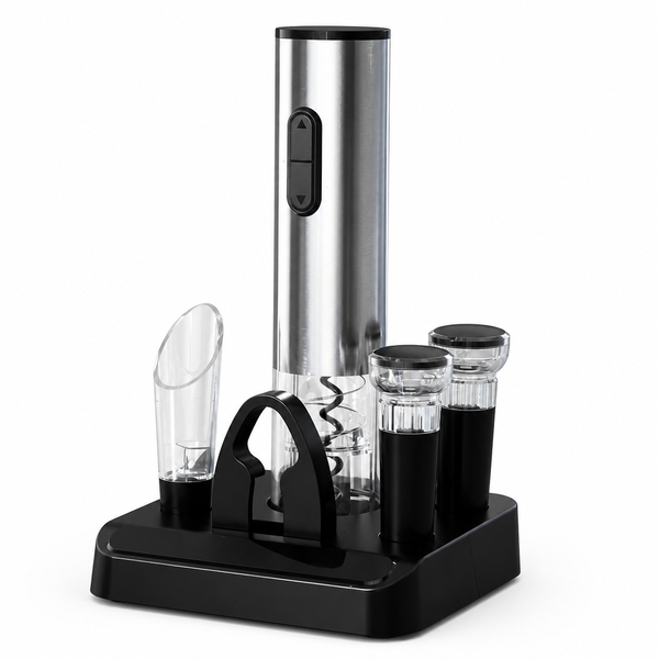 Electric Wine Opener Set with Pourer Vacuum Stopper Foil Cutter Base