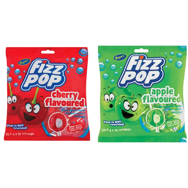 Beacon Fizz Pop 20.5g x 10 Lollipops - Apple Flavoured + Cherry Flavoured