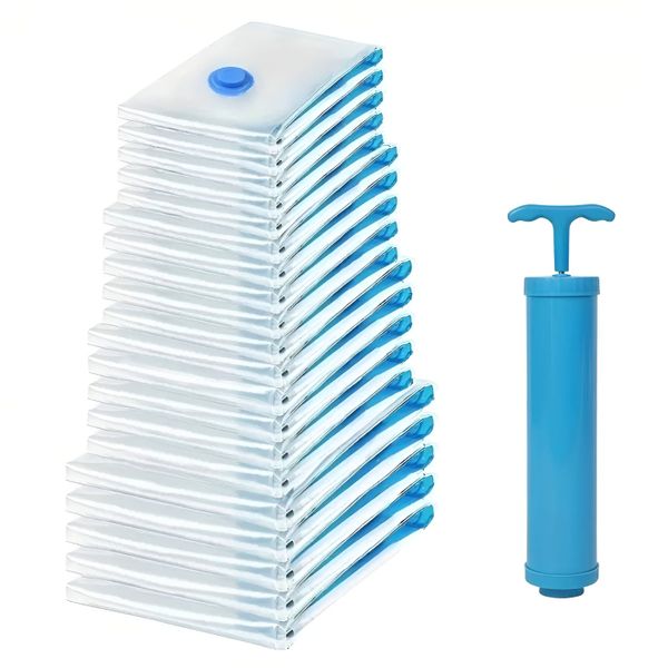 20 Pieces Reusable Vacuum Storage Seal Bags with Hand Pump - Blue