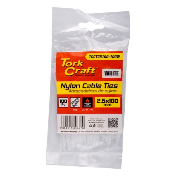 Tork Craft - Nylon Cable Ties 2.5mm x 100mm White - 100 Pieces