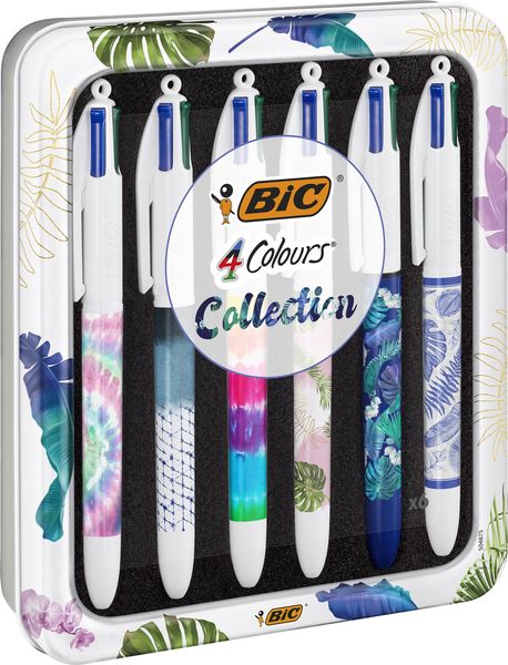 BIC 4 Colours Tie Dye Botanicals Collectors Tin Medium Point (1.0mm) - set of 6