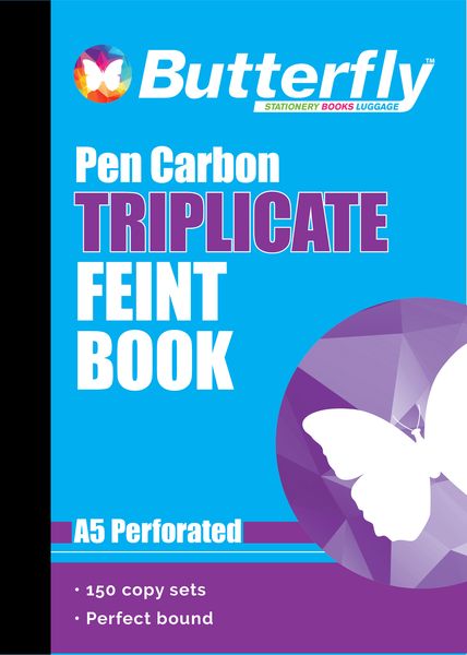 Butterfly A5 Triplicate Book - Feint Plain 50 Sheets