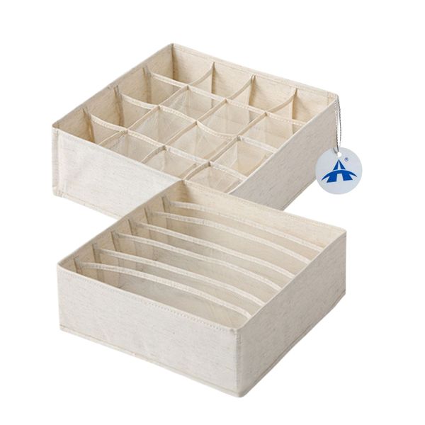 ALANES 2 Packs Cotton Linen Underwear and Sock Storage Box Set -Beige