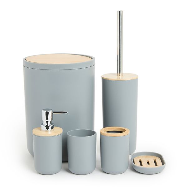 George &amp; Mason - Basic Grey Plastic &amp; Bamboo 6 Piece Bathroom Accessory Set