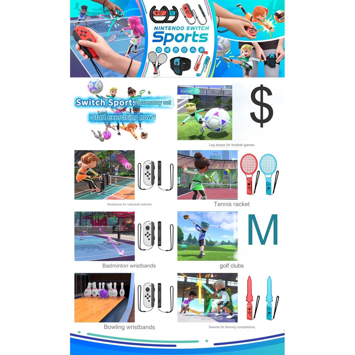 10-in-1 Sports Set for Nintendo Switch/OLED Compatible, Red/Blue