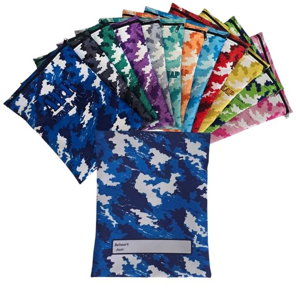 7 x School Book Bags with a Camo theme, subject names In Afrikaans