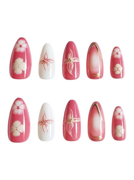 24 Piece -Floral Long Almond Set With White Accents &amp; Gold Trim -Multicolor