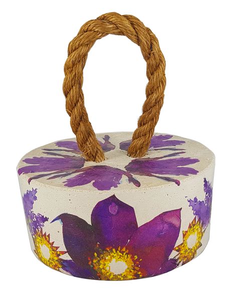 Perfectly Potty - Artisan Rope &amp; Cement Door Stopper - Purple Flower