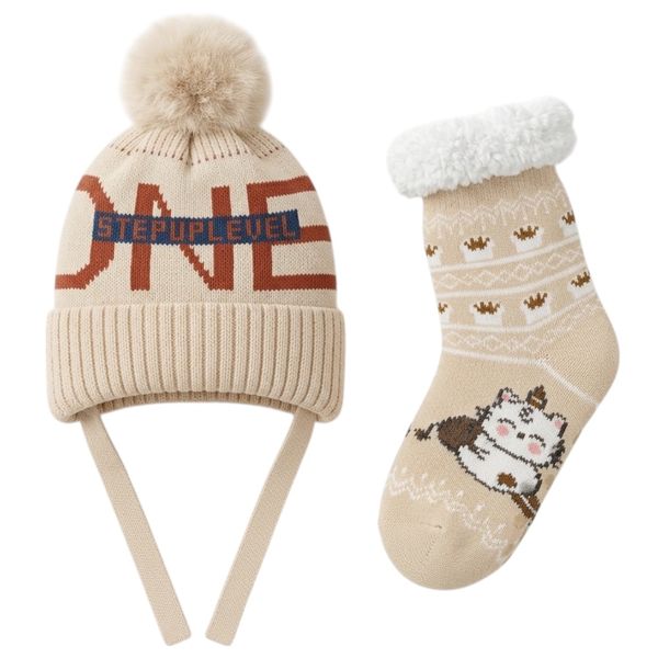 3 pieces Kids Soft Thermal Warm Winter One Beanie &amp; Winter Thermal Sock Set