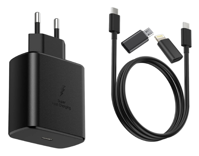 45W Fast Charger with Charging Cable Type C, Micro &amp; iOS Lightning Clip