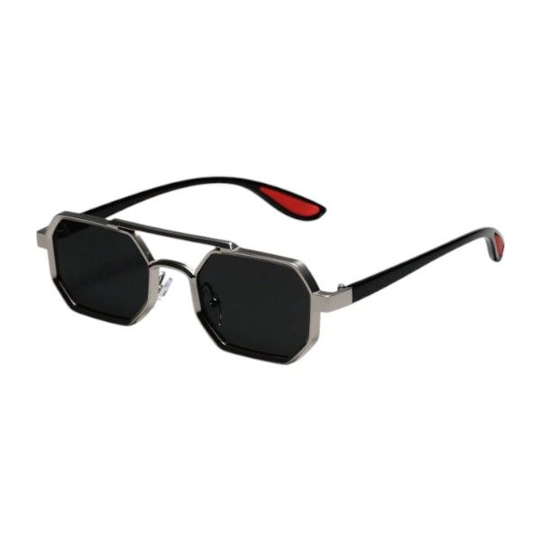 Geometric Octagon Sunglasses With Silver Frame &amp; Red Temple Tips -Black