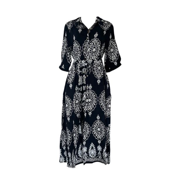Ladies Printed Navy Wrap Dress - Ornate Motif
