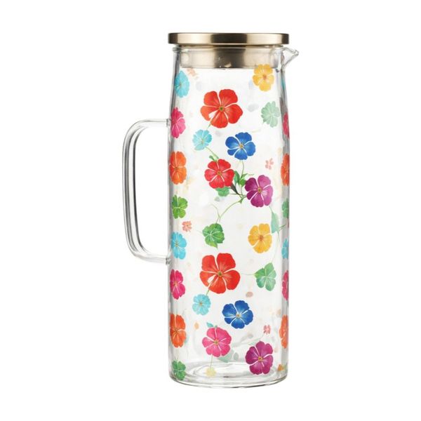 1.5L Flower Print Serving Glass Jug With Lid - Transparent