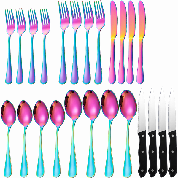 Colorful 24P Stainless Steel Flatware with Steak Knives, Food Grade For 4