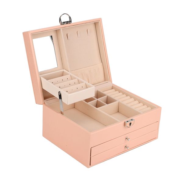 Lockable Multi-Layer PU Jewelry Box for Home &amp; Travel - Sakura Pink