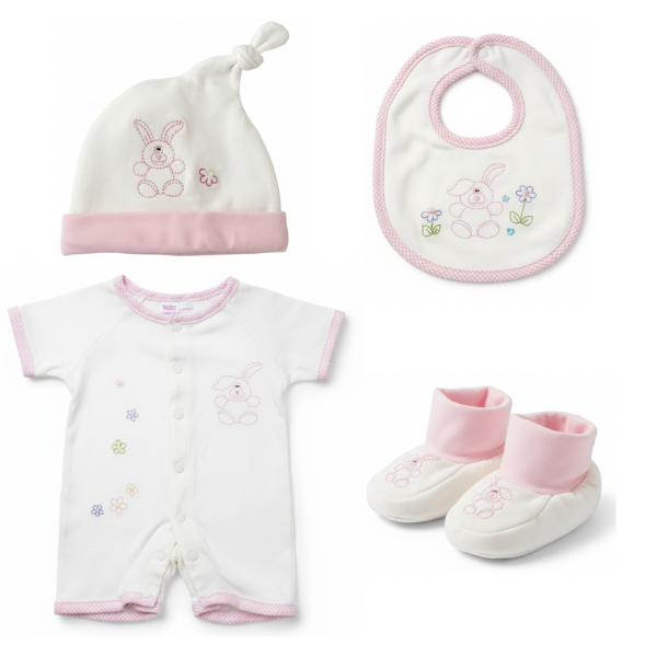 4-Piece Baby Gift Set - Pink &amp; White with Embroidered Bunny Design