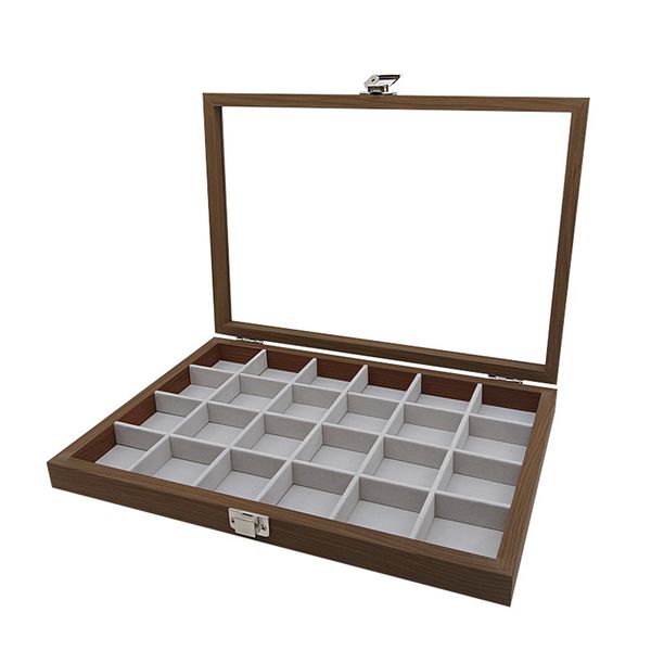 Portable 24 Slots Wood Jewelry Rings Earring Display Box with Cover
